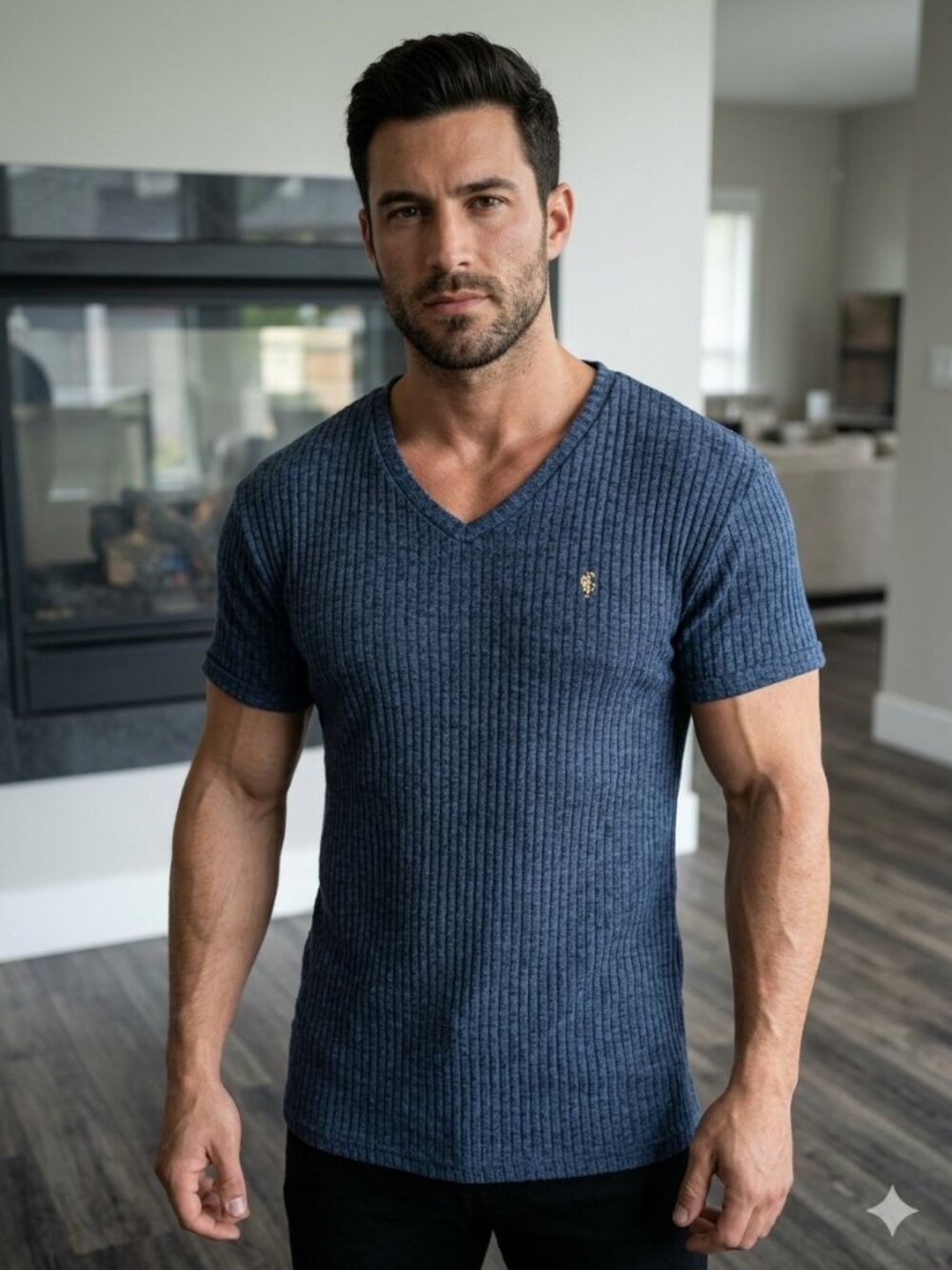 High End Men’s Father Sons 2XL stylish blue ribbed tshirt short sleeve